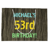 フェイク木、色彩の鮮やか文字の外観、53誕生日+名前 ラージペーパーバッグ (裏面)