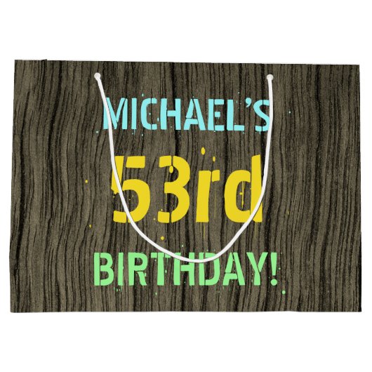 フェイク木、色彩の鮮やか文字の外観、53誕生日+名前 ラージペーパーバッグ (裏面)
