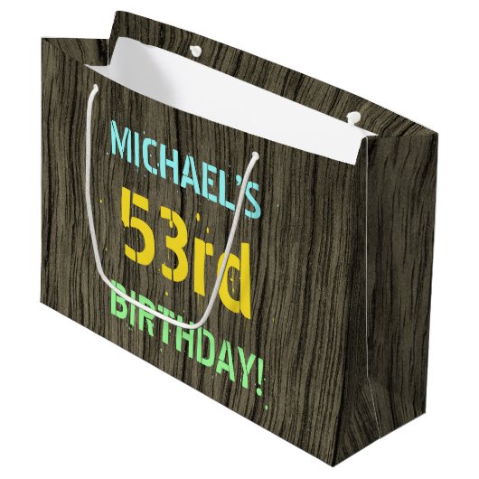 フェイク木、色彩の鮮やか文字の外観、53誕生日+名前 ラージペーパーバッグ (正面アングル)