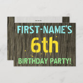 フェイク木、色彩の鮮やか文字の外観、6誕生日+名前 招待状 (正面/裏面)