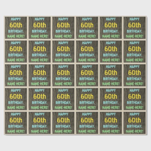 フェイク木、色彩の鮮やか文字の外観、60誕生日+名前 ラッピングペーパー (フラット)