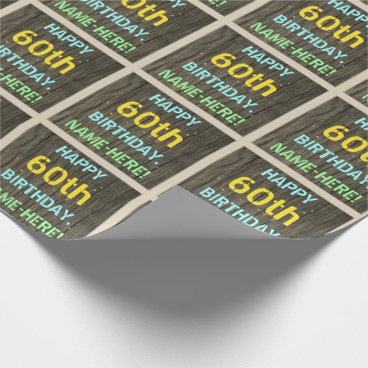 フェイク木、色彩の鮮やか文字の外観、60誕生日+名前 ラッピングペーパー (角)