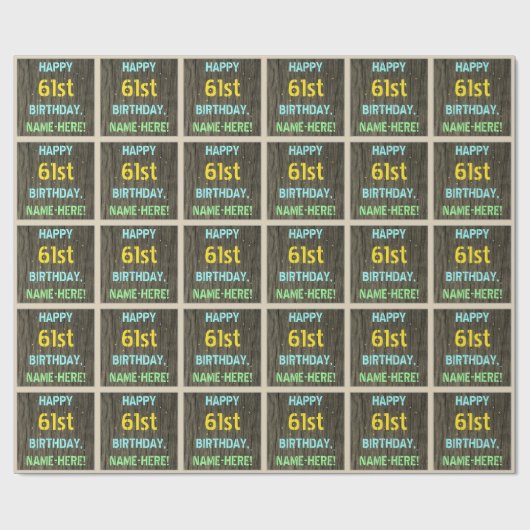 フェイク木、色彩の鮮やか文字の外観、61番目の誕生日+名前 ラッピングペーパー (フラット)
