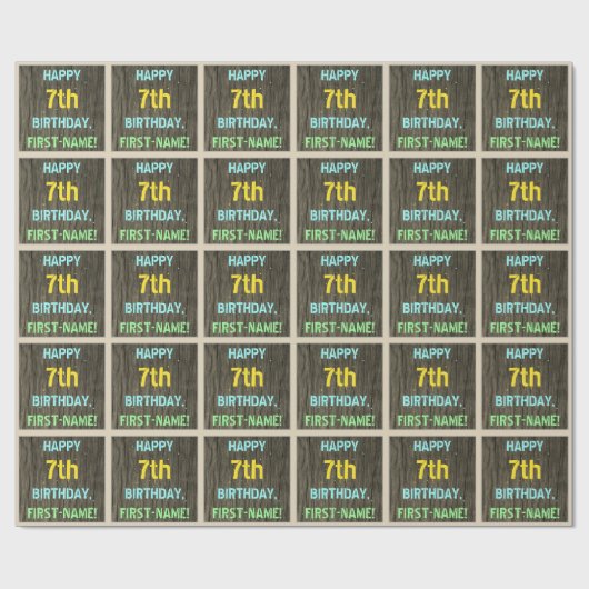フェイク木、色彩の鮮やか文字の外観、7誕生日+名前 ラッピングペーパー (フラット)