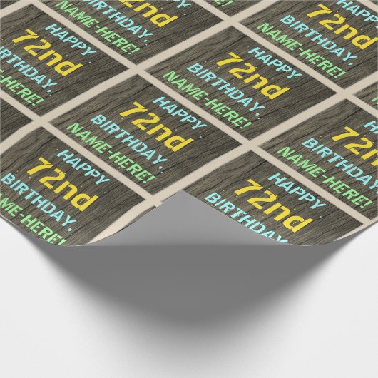 フェイク木、色彩の鮮やか文字の外観、72番目の誕生日+名前 ラッピングペーパー (角)