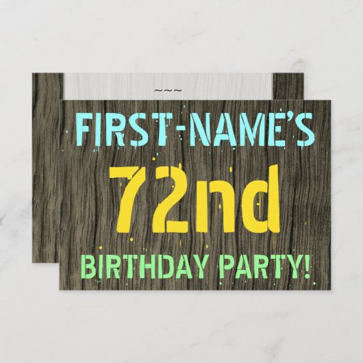 フェイク木、色彩の鮮やか文字の外観、72番目の誕生日+名前 招待状 (正面/裏面)