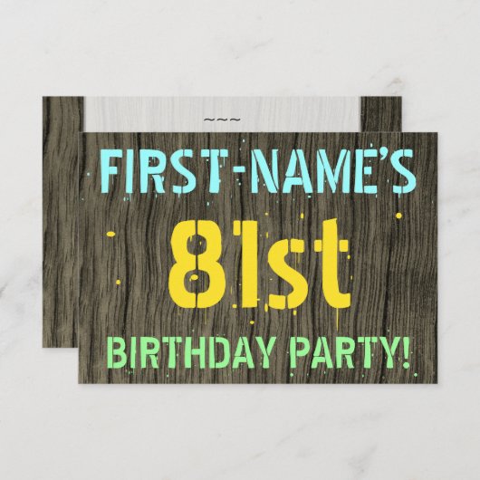 フェイク木、色彩の鮮やか文字の外観、81誕生日+名前 招待状 (正面/裏面)