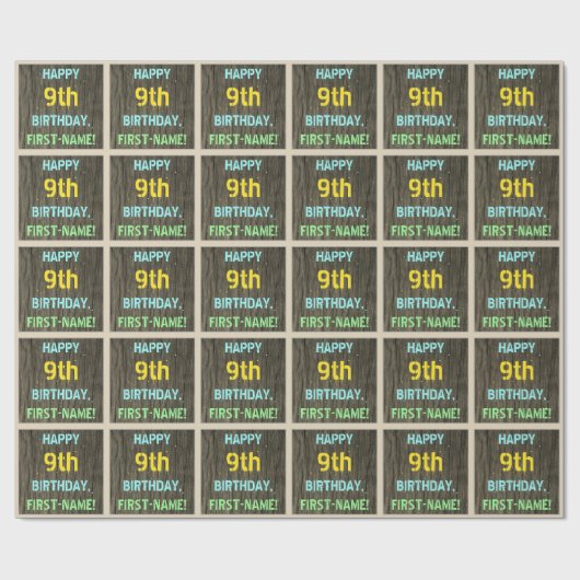 フェイク木、色彩の鮮やか文字の外観、9誕生日+名前 ラッピングペーパー (フラット)