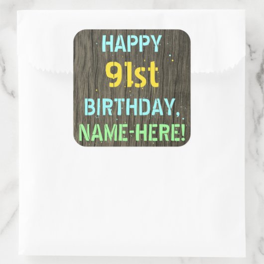 フェイク木、色彩の鮮やか文字の外観、91誕生日+名前 スクエアシール (バッグ)