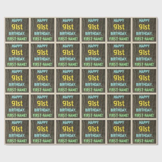 フェイク木、色彩の鮮やか文字の外観、91誕生日+名前 ラッピングペーパー (フラット)