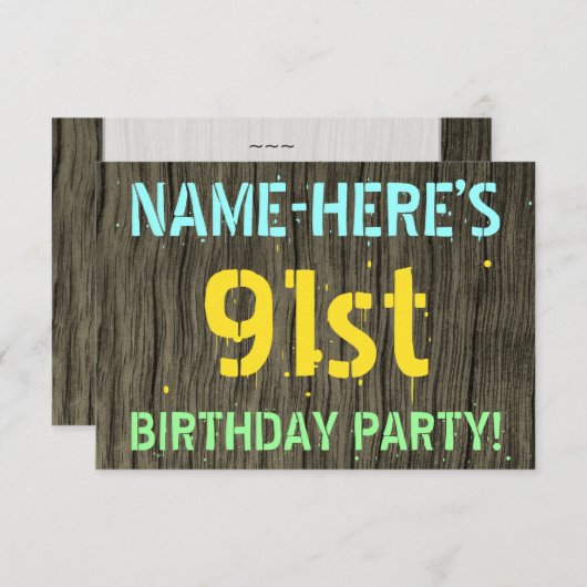 フェイク木、色彩の鮮やか文字の外観、91誕生日+名前 招待状 (正面/裏面)
