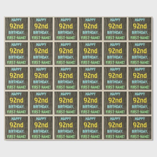 フェイク木、色彩の鮮やか文字の外観、92番目の誕生日+名前 ラッピングペーパー (フラット)