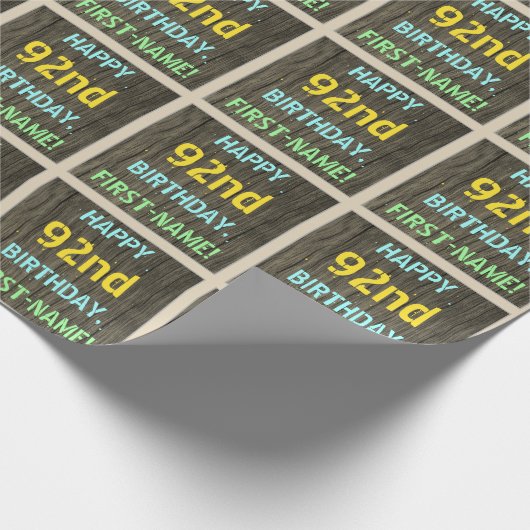 フェイク木、色彩の鮮やか文字の外観、92番目の誕生日+名前 ラッピングペーパー (角)