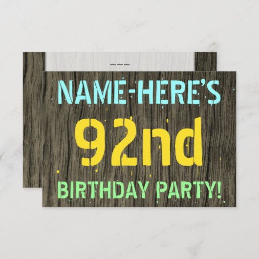 フェイク木、色彩の鮮やか文字の外観、92番目の誕生日+名前 招待状 (正面/裏面)