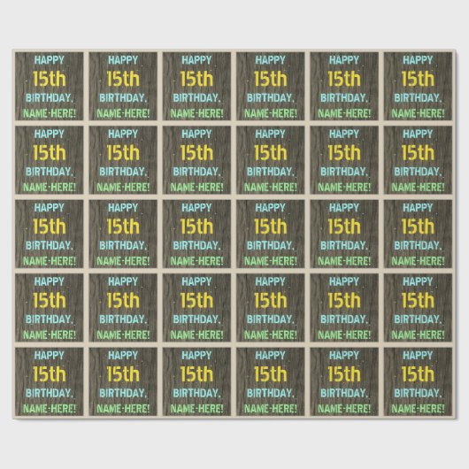 フェイク木、色彩の鮮やか文字ルック、15誕生日+名前 ラッピングペーパー (フラット)