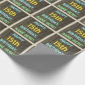 フェイク木、色彩の鮮やか文字ルック、15誕生日+名前 ラッピングペーパー (角)