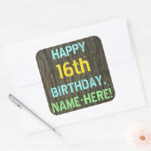 フェイク木、色彩の鮮やか文字ルック、16誕生日+名前 スクエアシール (封筒)