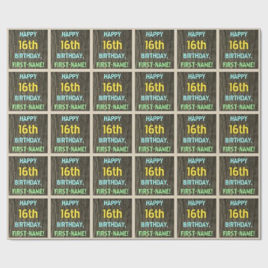 フェイク木、色彩の鮮やか文字ルック、16誕生日+名前 ラッピングペーパー (フラット)
