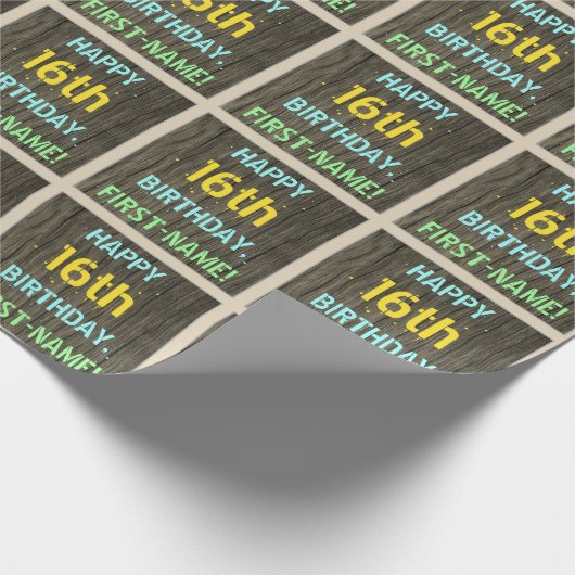 フェイク木、色彩の鮮やか文字ルック、16誕生日+名前 ラッピングペーパー (角)