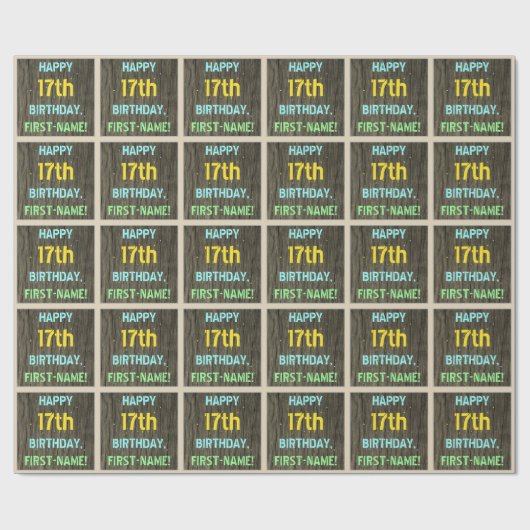 フェイク木、色彩の鮮やか文字ルック、17誕生日+名前 ラッピングペーパー (フラット)