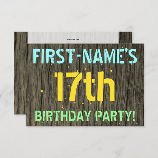 フェイク木、色彩の鮮やか文字ルック、17誕生日+名前 招待状 (正面/裏面)