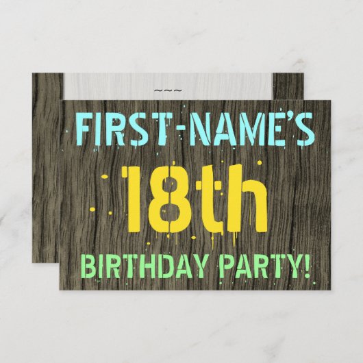 フェイク木、色彩の鮮やか文字ルック、18誕生日+名前 招待状 (正面/裏面)
