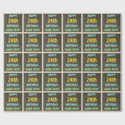 フェイク木、色彩の鮮やか文字ルック、24誕生日+名前 ラッピングペーパー (フラット)