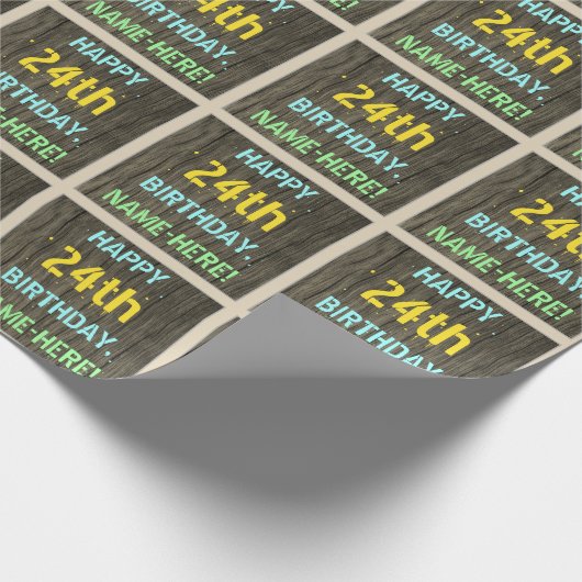 フェイク木、色彩の鮮やか文字ルック、24誕生日+名前 ラッピングペーパー (角)