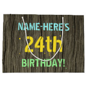 フェイク木、色彩の鮮やか文字ルック、24誕生日+名前 ラージペーパーバッグ (裏面)