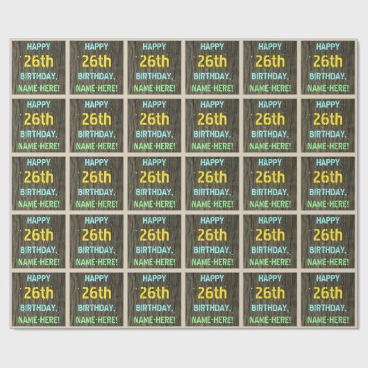フェイク木、色彩の鮮やか文字ルック、26誕生日+名前 ラッピングペーパー (フラット)