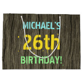 フェイク木、色彩の鮮やか文字ルック、26誕生日+名前 ラージペーパーバッグ (裏面)