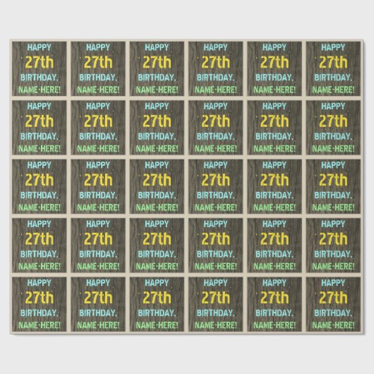 フェイク木、色彩の鮮やか文字ルック、27誕生日+名前 ラッピングペーパー (フラット)