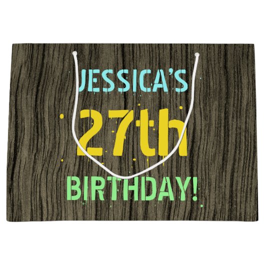 フェイク木、色彩の鮮やか文字ルック、27誕生日+名前 ラージペーパーバッグ (正面)