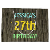 フェイク木、色彩の鮮やか文字ルック、27誕生日+名前 ラージペーパーバッグ (裏面)