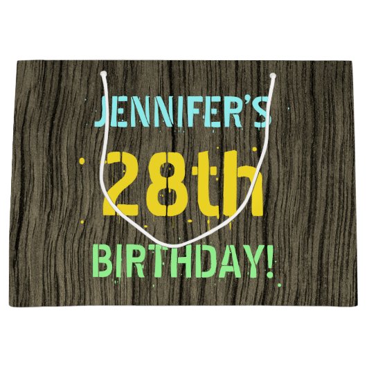 フェイク木、色彩の鮮やか文字ルック、28誕生日+名前 ラージペーパーバッグ (正面)