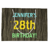 フェイク木、色彩の鮮やか文字ルック、28誕生日+名前 ラージペーパーバッグ (裏面)