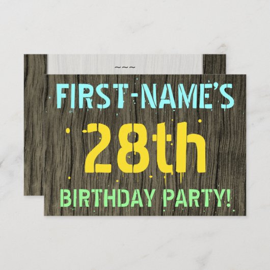 フェイク木、色彩の鮮やか文字ルック、28誕生日+名前 招待状 (正面/裏面)