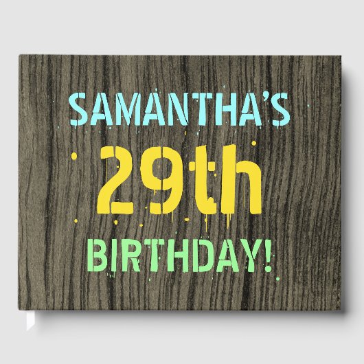 フェイク木、色彩の鮮やか文字ルック、29誕生日+名前 ゲストブック (正面)
