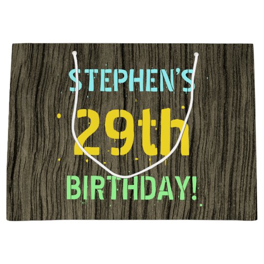 フェイク木、色彩の鮮やか文字ルック、29誕生日+名前 ラージペーパーバッグ (正面)