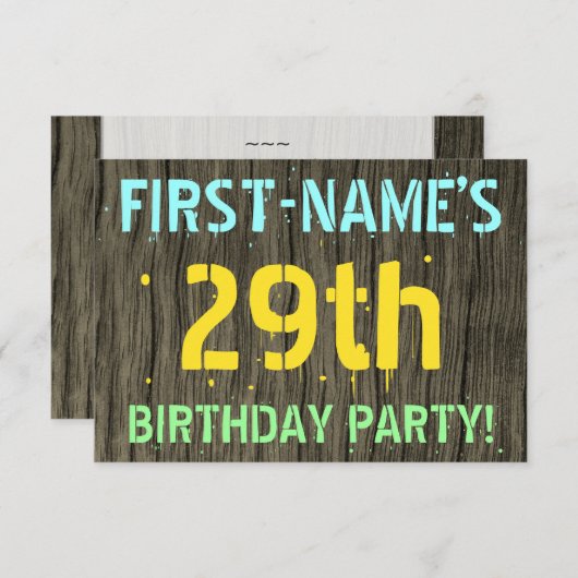 フェイク木、色彩の鮮やか文字ルック、29誕生日+名前 招待状 (正面/裏面)