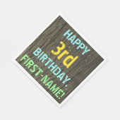 フェイク木、色彩の鮮やか文字ルック、3歳の誕生日+名前 スタンダードランチョンナプキン (角)