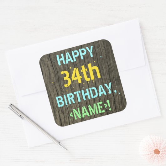 フェイク木、色彩の鮮やか文字ルック、34誕生日+名前 スクエアシール (封筒)