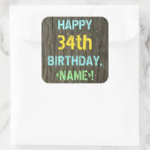 フェイク木、色彩の鮮やか文字ルック、34誕生日+名前 スクエアシール (バッグ)