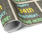 フェイク木、色彩の鮮やか文字ルック、34誕生日+名前 ラッピングペーパー (ロールコーナー)