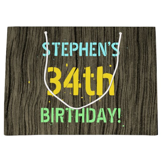 フェイク木、色彩の鮮やか文字ルック、34誕生日+名前 ラージペーパーバッグ (正面)