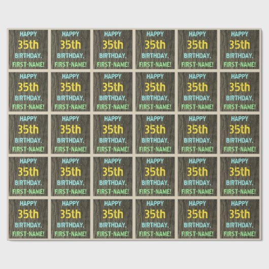 フェイク木、色彩の鮮やか文字ルック、35誕生日+名前 ラッピングペーパー (フラット)