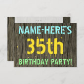 フェイク木、色彩の鮮やか文字ルック、35誕生日+名前 招待状 (正面/裏面)