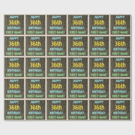 フェイク木、色彩の鮮やか文字ルック、36誕生日+名前 ラッピングペーパー (フラット)
