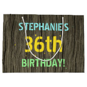 フェイク木、色彩の鮮やか文字ルック、36誕生日+名前 ラージペーパーバッグ (裏面)