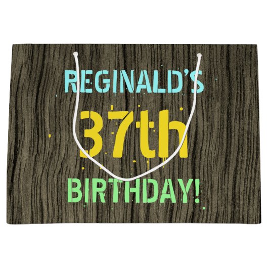 フェイク木、色彩の鮮やか文字ルック、37誕生日+名前 ラージペーパーバッグ (正面)